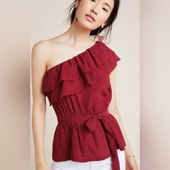 Anthropologie Tops - ANTHROPOLOGIE Maeve Rita Ruffled One Shoulder Top Polka Dot Size Small P NWT